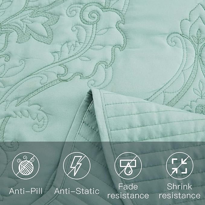 CHIXIN Bedspread Coverlet Quilt Set Full Size - Lightweight Bedding Cover - Beautiful Stitching - 5 Piece Reversible Bedspread - Gorgeous Damask Paisley Pattern (Full, Seaglass)