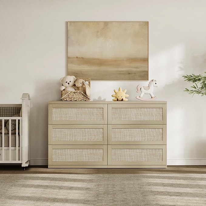 SICOTAS Dresser for Bedroom - 50" Wide 6 Drawer Dresser Rattan Dressers & Chests of Drawers Boho Drawers for Bedroom Bedside Table Clothes Large Closet Storage for Closet Hallway Entryway