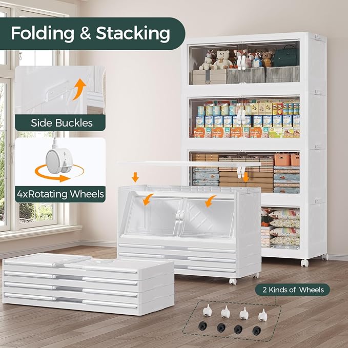 180Gal Stackable Storage Bins with Lid, 720Qt Extra Large Collapsible Storage Box with Doors and Wheels, Plastic Closet Organizer and Storage Cabinet Drawer for Home Kitchen, 4Pack White