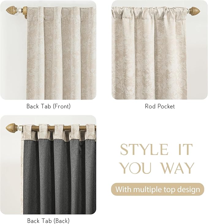 Beauoop Beige Floral Jacquard Blackout Curtains 96 Inches Long 2 Panels for Bedroom Living Room Chenille Flower Room Darkening Thermal Insulated Soundproof Rod Pocket Back Tab Window Drapes, 52x96