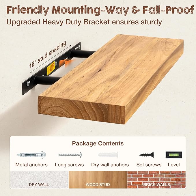 fuqing Floating Shelves for Wall, 55 inch Rustic Solid Elm Wood Floating Shelves, Wooden Wall Shelves with Invisible Heavy Duty Brackets for Living Room, Bedroom, Kitchen, Bathroom, 1 Pack, Natural