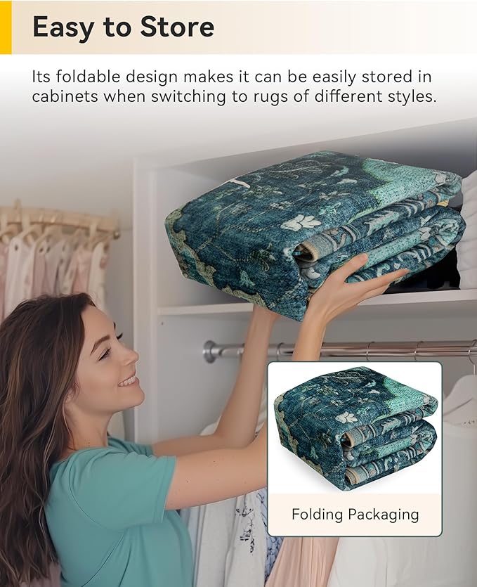 Area Rugs Square 10ft Washable Non-Slip, Floral Vintage Distress Print Pattern Medallion Carpet for Living Room Bedroom Dining Room, Teal Green Lake Blue Turquoise