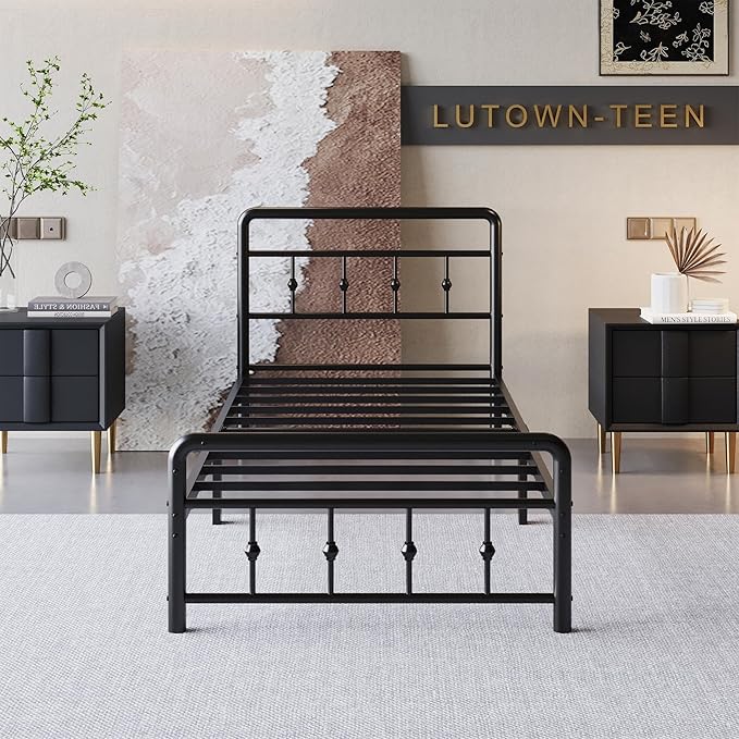 12 Inch Twin Bed Frames with Victorian Vintage Headboard and Footboard, No Box Spring Needed, Heavy Duty Metal Mattress Foundation, Noise Free, Easy Assembly, Black