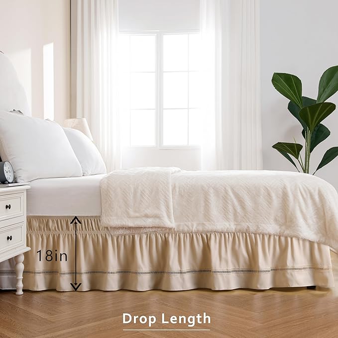 MIYE Wrap Around Ruffled Lace Bed Skirt, Elastic Dust Ruffle with Adjustable Belts, Easy to Put On, Bed Frame Cover, Machine Washable (Ruffled Lace/Beige, King/Queen-18 Drop)