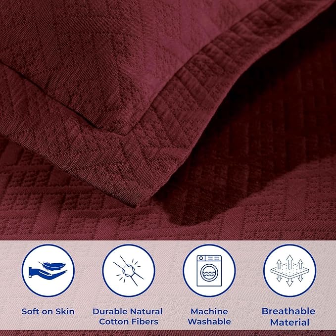 Superior 100% Cotton Basket Weave Bedspread with Shams, All-Season Premium Cotton Matelasse Jacquard Bedding, Quilted-Look Geometric Basket, Twin, Garnet
