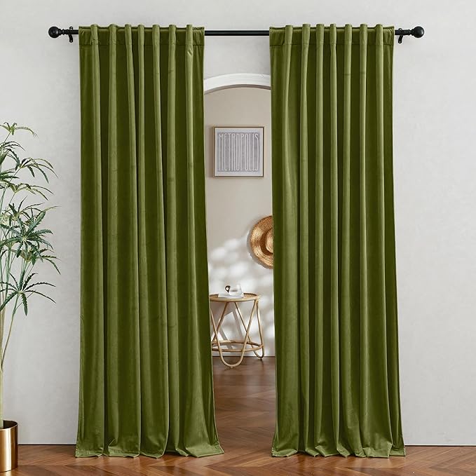 RYB Home Green Velvet Curtains for Bedroom - Soft Farmhouse Window Decor Room Darkening Thermal Insulating Drapes for Living Room Dining Home Office, Width 62 x Length 96 inch, Moss Green, 1 Pair