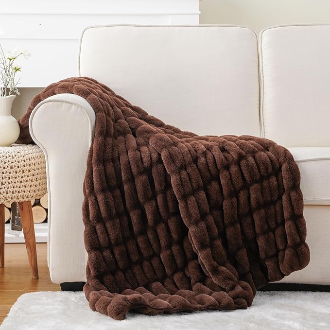 BATTILO HOME Rust Brown Faux Fur Throw Blanket for Bed, Large Double Side Reversible Ruched Rabbit Fur Blanket for Couch, Living Room, Soft Warm Mink Cozy Blanket, 60x80 Inch