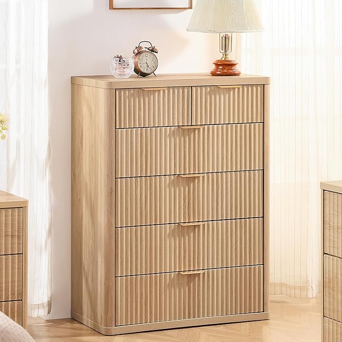 LEYAOYAO Fluted Dressers & Nightstand Set of 4, Wood 48" Wide Dresser & 42" Tall Chest of Drawers,Modern Bedroom Furniture Sets, Natural Wooden Nightstand Set of 2 with 3 Drawers & Charging Station