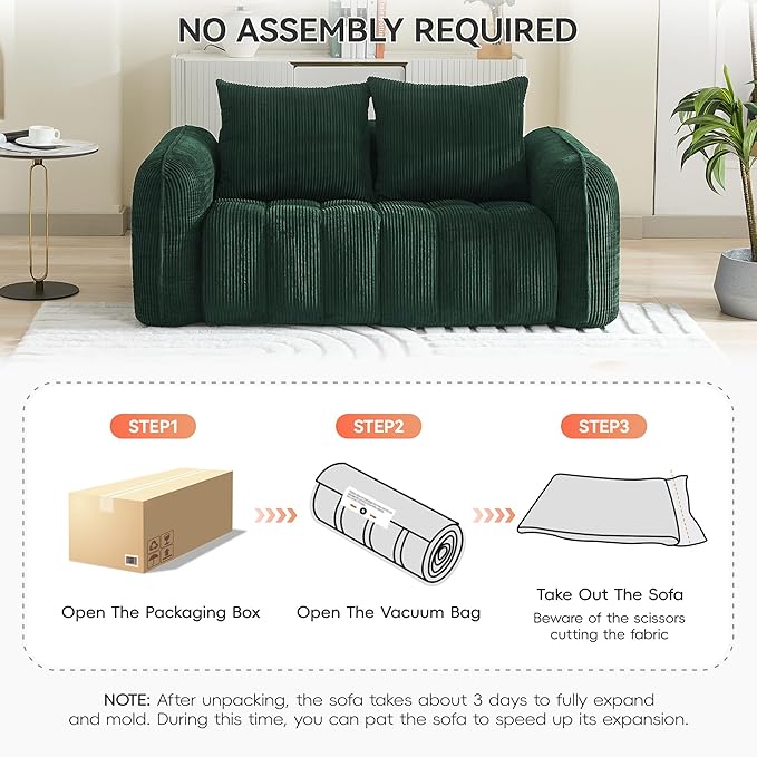 Corduroy Boneless Living Room Sets, Modern Upholstered Loveseat with 2 Signle Sofa Chairs, Comfy Deep Seat Cloud Sofa Couch Sets for Living Room, Green