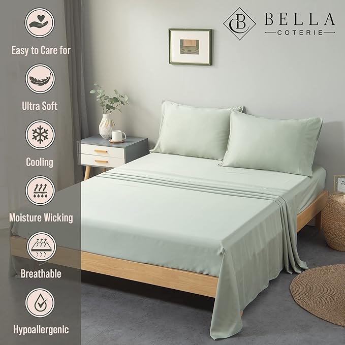 Bella Coterie Luxury Bamboo Viscose 34” Split Top King Size Sheet Set | 1 Fitted Sheet for Sleep Number & Adjustable Beds | 100% Organically Grown | Cooling & Soft | 18” Deep Pocket [Sea Glass]