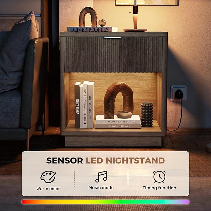 Miereirl Fluted Nightstand Charging Station, Wooden Vintage Night Stands Curved Corners Storage Cabinet for End Table with Metal Handle Drawers, Light Grey Oak