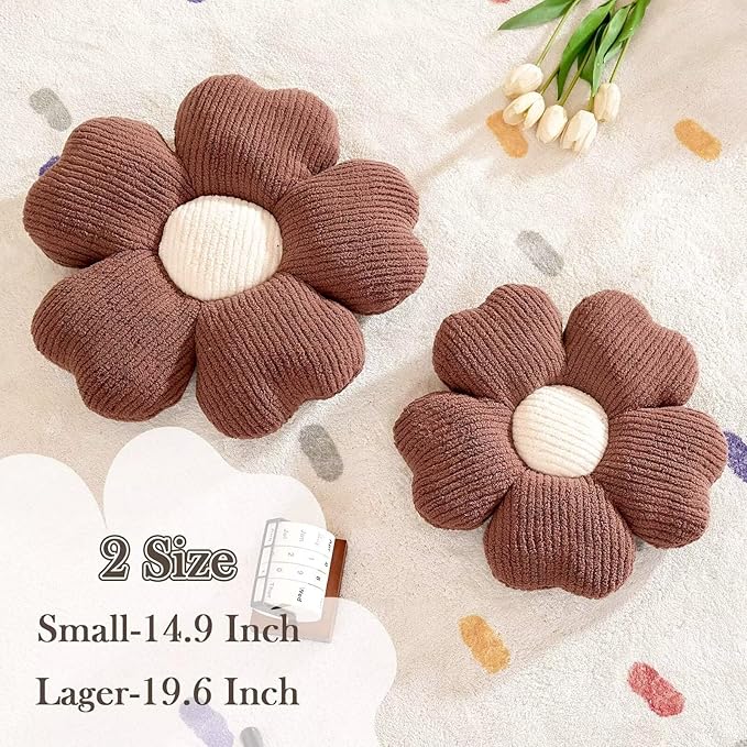 Kcvvcr Flower Throw Pillow, Cute Flower Shaped Pillow Decorative Throw Pillow for Bed Couch, Soft Daisy Pillows Floor Seating Cushion Cushions (19.6 Inch Brown)