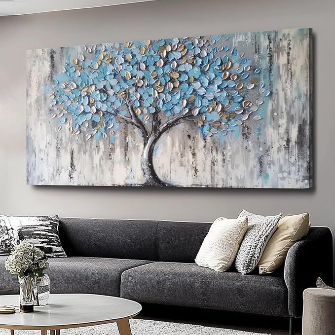 Blue Tree Canvas Wall Art - Modern Botanical Paintings for Living Room, Bedroom Wall Decor, Framed Wall Art for Home or Office Decoration, Large Wall Art 75x150cm(30x60in)