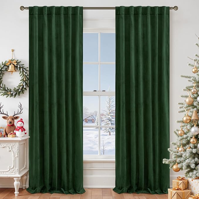 LAMIT Emerald Green Velvet Curtains 84 Inch for Living Room, Thermal Insulated Room Darkening Panels Noise Reducing Back Tab and Rod Pocket Christmas Drapes for Bedroom, 2 Panels, 52 x 84 Inch