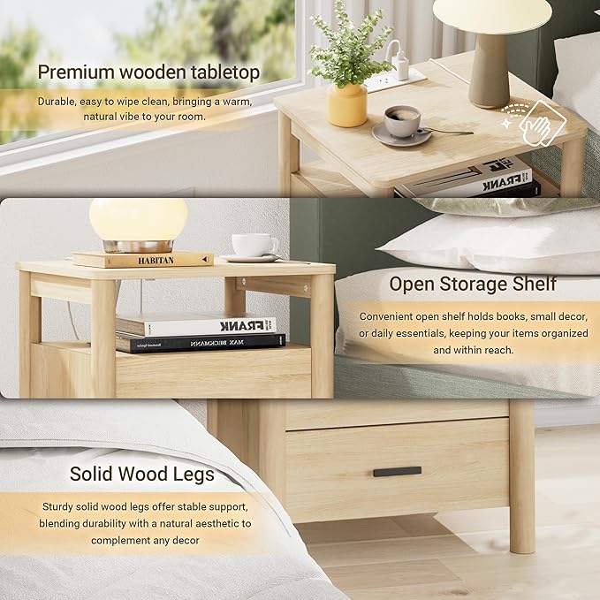 FavourLife Night Stand Set 2, 20" Wide Nightstands Set of 2, Modern Nightstand with Charging Station, 2 Drawer Wooden End Table with Solid Round Post Legs, Large Bedside Table for Bedroom, Natural Oak