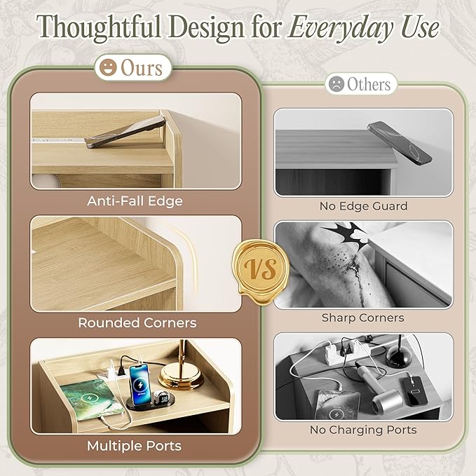 Huuger Nightstand with Charging Station, USB-C Port, Fluted Night Stand Set of 2, Bed Side Table with Drawer, Solid Wood Feet, Open Storage, End Table with Raised Edge, for Bedroom, Natural