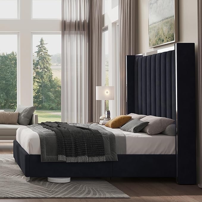 Jocisland King Size Bed Frame with 58" Tall Headboard, Velvet Upholstered Platform Bed with Channel Tufted Wingback Headboard and Plating Trim, No Box Spring Needed, Black