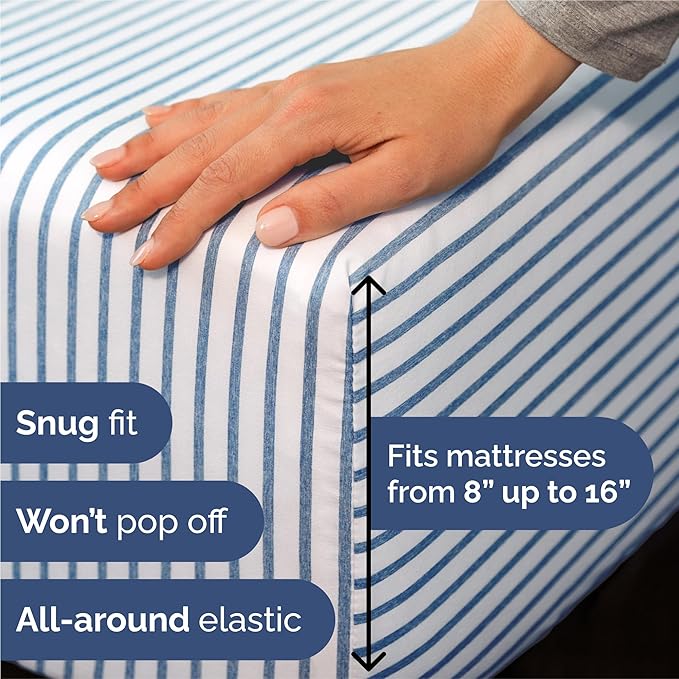 King 6 Piece Sheet Set - Cooling, Comfy & Breathable - Hotel Luxury Bedding, Includes Fitted Sheet for Women, Men, Kids & Teens - 1 Flat, 1 Fitted Sheet, 4 Pillowcases w/Deep Pockets - Blue Stripes