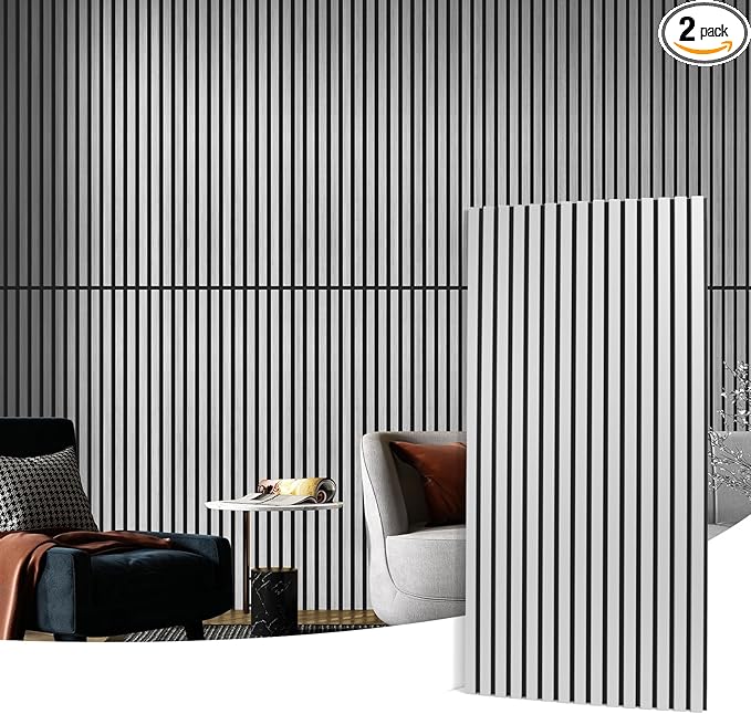 Art3d 2 Wood Slat Acoustic Panels for Wall and Ceiling - 3D Fluted Sound Absorbing Panel with Wood Finish - Silver