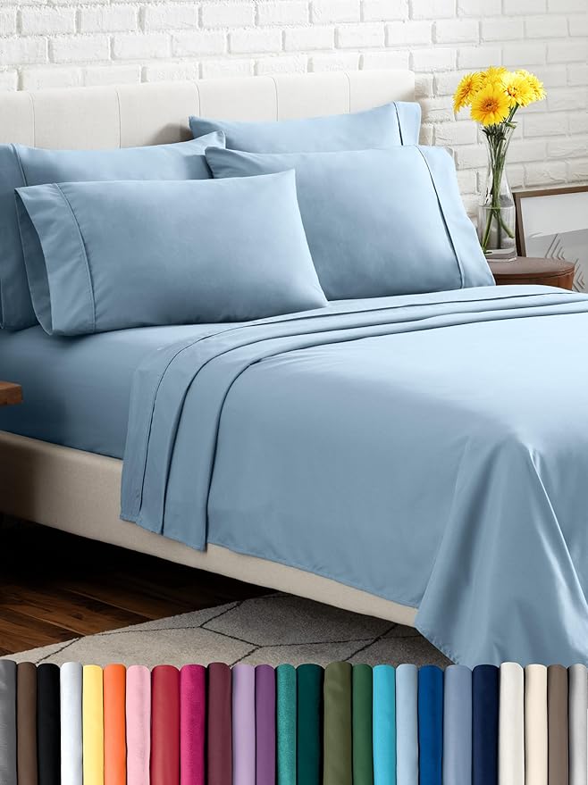 Bare Home Hotel Luxury Full XL Sheet Set, Extra Soft - 6 Piece Set - Deep Pockets - Easy Fit - Cooling & Breathable - Wrinkle, Fade, Stain Resistant - Includes 4 Pillowcases (Full XL, Light Blue)