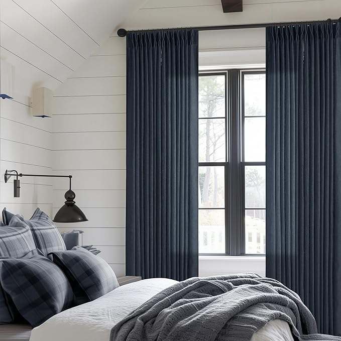 Navy Linen Pinch Pleated Curtains 108 Inches Long 2 Panels for Living Room Bedroom Light Filtering Drapes 108 Inch Length Dark Blue Indigo Semi Sheer Memory Shape Trained Ceiling Floor Curtain