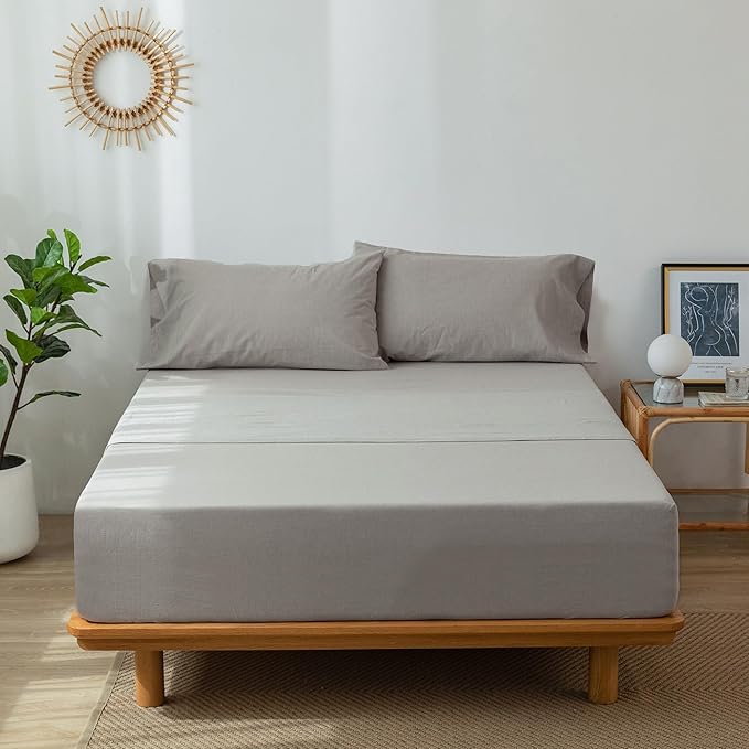 MooMee Fitted Bottom Sheet Only 100% Washed Cotton Linen Like Textured Breathable Durable Soft Comfy Deep Pocket Fits Mattress up to 17" (Natural Linen, Queen)