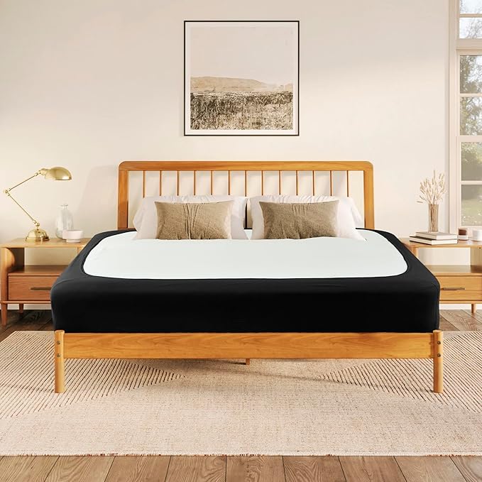Biscaynebay Decorative Box Spring Cover Queen Size, Black Luxurious Jersey Knitting Stretchy Wrap Around 4 Sides Bed Skirt for Home/Hotels, Easy Fit Wrinkle Free Machine Washable