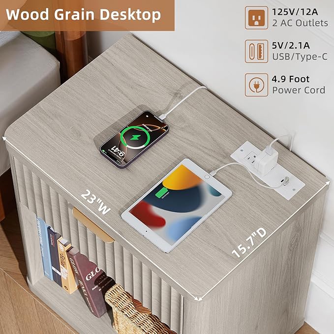 LEYAOYAO 23" Wide Fluted Night Stand with Charging Station, 1 Drawers Large End Table with Storage, LightGrey Nightstand Wood Bedside Tables, Farmhouse Cabinet Dresser for Bedroom, Closet