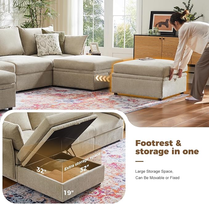 ABCASA 102.6" Modular Sectional Sofa, L Shaped Couch Set for Living Room, 3-Seater Comfy Cloud Couches with Movable Storage Ottoman,DIY Combination - Chenille Beige