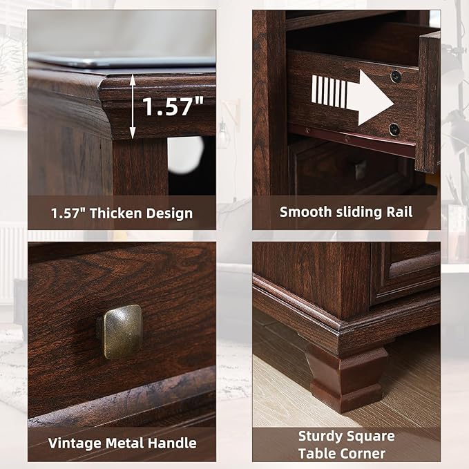 SAVOR LIFE Farmhouse Nightstand Set of 2 with Charging Station, Rustic Brown Nightstand, 2 Drawers End Table, Bedside Table with Open Shelf for Bedroom, Walnut