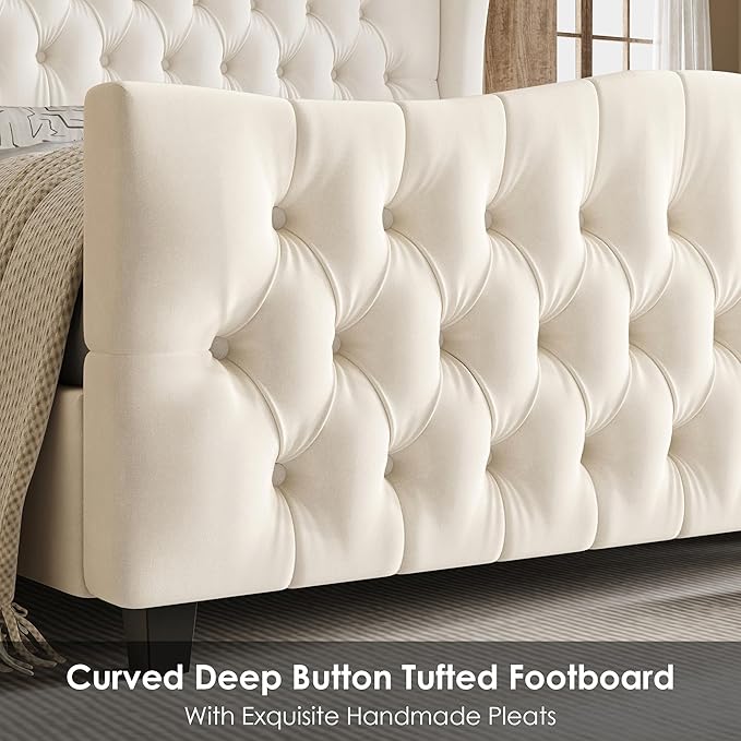 Keyluv Full Size 54.3” Tall Platform Bed Frame with Deep Button Tufted Wingback Headboard and Footboard, Velvet Upholstered Bed Frame with Handmade Pleats, No Box Spring Needed, Beige/Cream