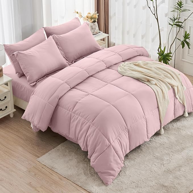 JOLLYVOGUE California King Comforter Set, Ultra-Soft Bed in a Bag Cal King Size 7 Pieces, Oeko-TEX Certified Bedding Set with Down Alternative Comforter, Sheets, Pillowcases & Shams, Camio Pink