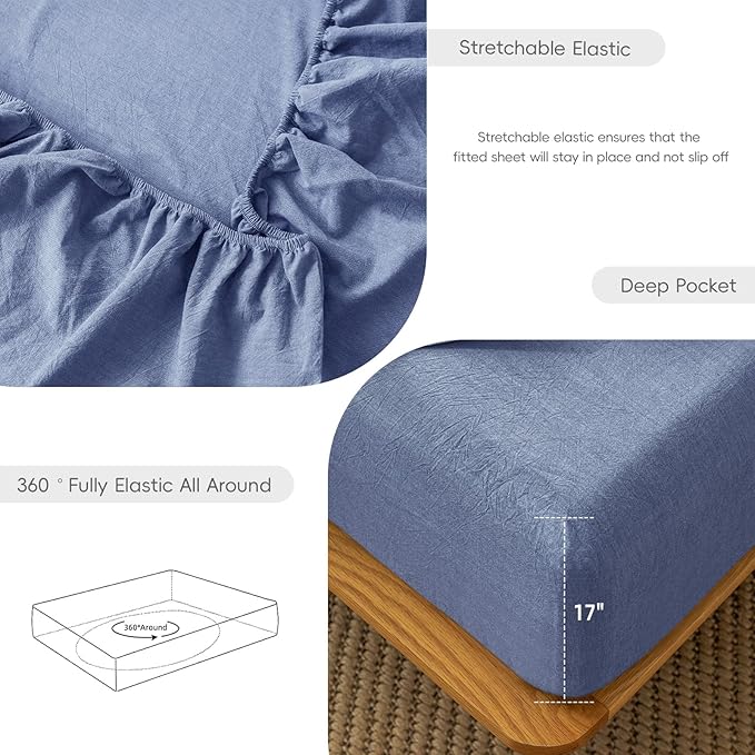 MooMee Fitted Bottom Sheet Only 100% Washed Cotton Linen Like Textured Breathable Durable Soft Comfy Deep Pocket Fits Mattress up to 17" (Blue, Queen) New