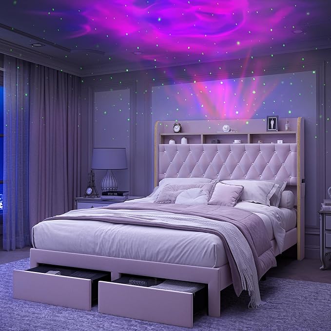Queen LED Bed Frame with Storage Drawers, Velvet Upholstered Platform Beds with Galaxy Star Projector Charging Station Speaker, Aurora Bedframe with 2-Tier Storage Headboard, Noise-Free, Pink