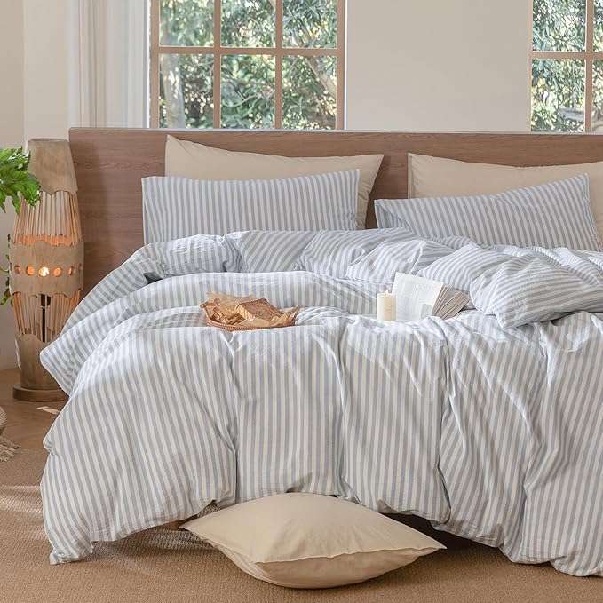 MooMee Striped Duvet Cover Set 100% Washed Cotton Linen Like Textured Breathable Durable Soft Comfy (Cornflower Blue White Classic Stripes, Oversized Full 82"x86")