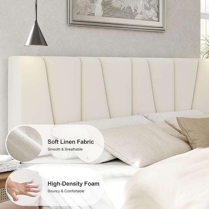 King Size Bed Frame with Fabric Upholstered Headboard, Platform Bed with Wooden Slats Support, Fully Mattress Foundation, Box Spring Optional, Easy Assembly