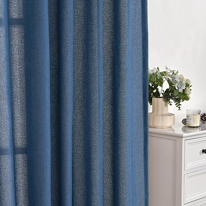 YoungsTex Navy Linen Curtains 63 Inch Length for Living Room, Dark Blue Semi Sheer Drapes Light Filtering with Bronze Grommet Privacy for Bedroom Decorative, 52 x 63 Inch, 2 Panels