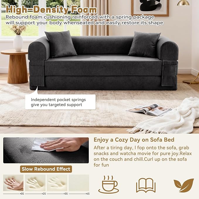 Convertible Folding Sofa Bed,78.5 Inch Faux Leather Futon Couch with Pillows & Storage Pocket,5-in-1 Queen Sleeper Sofa in a Box with Pull Out Bed,Boneless Couch for Living Room Bedroom,Gray