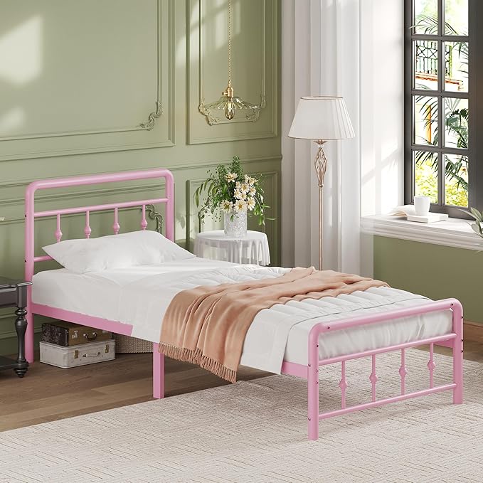 12 Inch Twin XL Bed Frames with Headboard and Footboard, Heavy Duty XL Twin Metal Mattress Foundation No Box Spring Needed, Noise Free, Easy Assembly, Pink