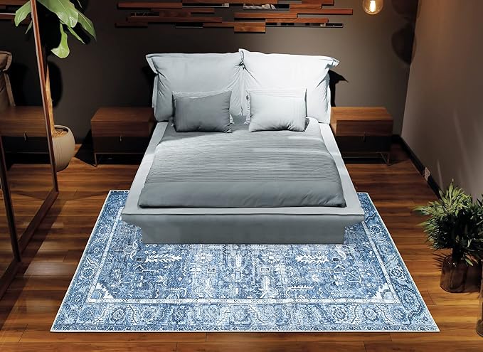 Bloom Rugs Washable Non-Slip 4' x 6' Rug - Blue Traditional Area Rug for Living Room, Bedroom, Dining Room, and Kitchen - Exact Size: 4' x 6'
