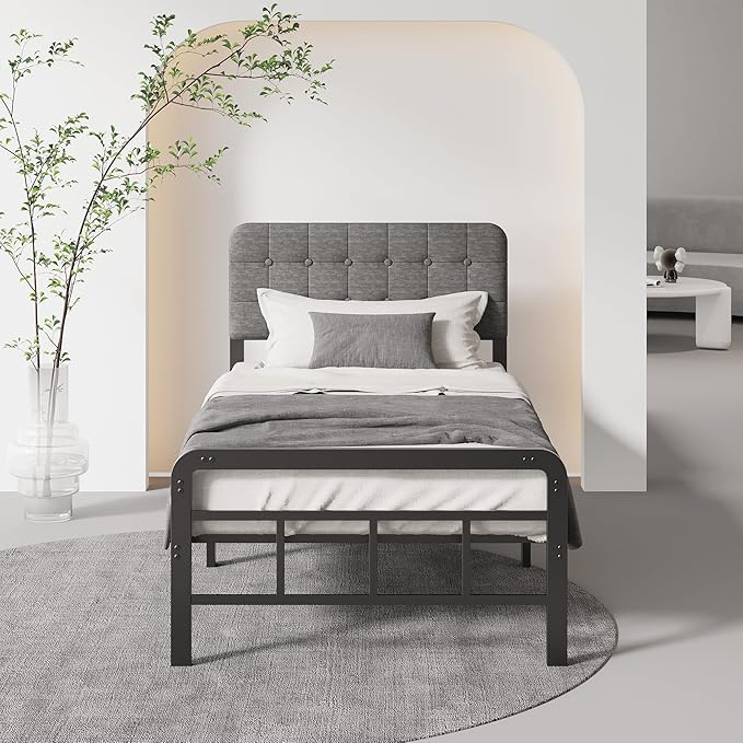 12 Inch Twin Bed Frames with Upholstered Headboard and Metal Footboard, No Box Spring Needed, Heavy Duty Twin Metal Mattress Foundation, Noise Free, Easy Assembly