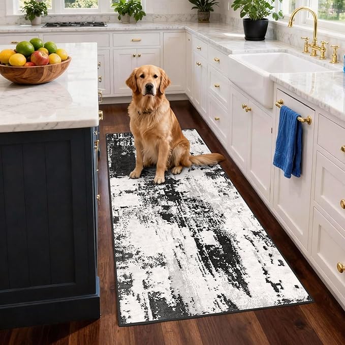3x6 Kitchen Hallway Runner Rug: Long Washable Rug Runner Non-Slip Indoor Abstract Rugs - Low Pile Soft Floor Runners for Bedroom Living Room Dining Entryway Bathroom Laundry Black White 3x6