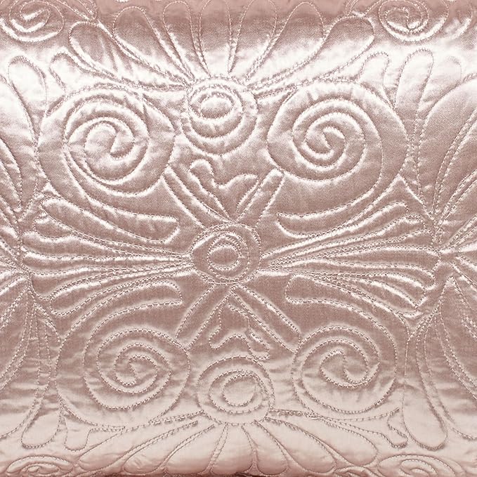 Touch of Class Portia Luxury Bedding | Posh Rose Quartz | Premier Quilted Polyester Satin | Romantic Hand Guided Machine Quilted Scroll Design 3 Piece Set with King Bedspread and 2 King Shams