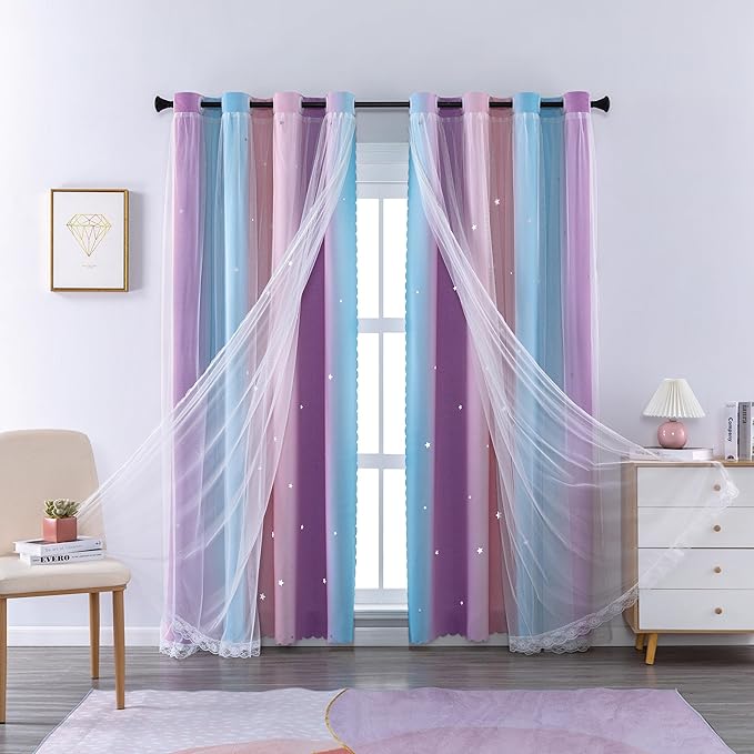 XiDi Curtains for Bedroom Decor, Rainbow Pink Purple/42/90