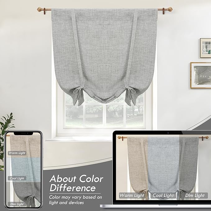 DriftAway Double Layer Linen Blackout Tie Up Curtains Thermal Insulated Fully Lined Balloon Roman Shade Bathroom Window Adjustable Rod Pocket for Small Window 31 Inch by 47 Inch Gray