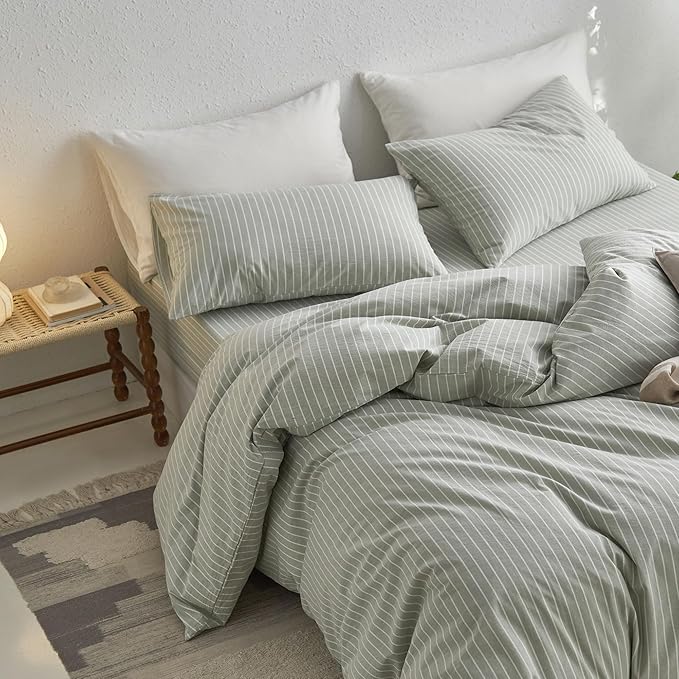MooMee Striped Duvet Cover Set 100% Washed Cotton Linen Like Textured Breathable Durable Soft Comfy (Sage Green White Wide Stripes, Super King Plus 120"x120")