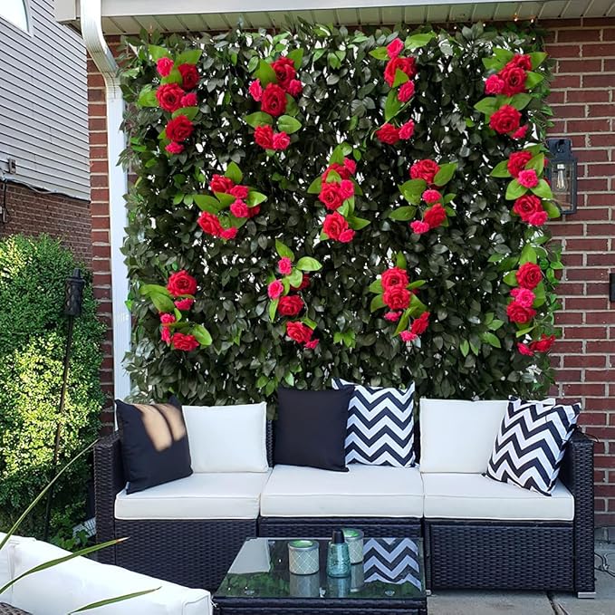 Sumery Expandable Fence Privacy Screen for Balcony Patio Outdoor,Decorative Faux Ivy Fencing Panel,Artificial Hedges (Single Sided Leaves) (2, Branches -Red Rose)