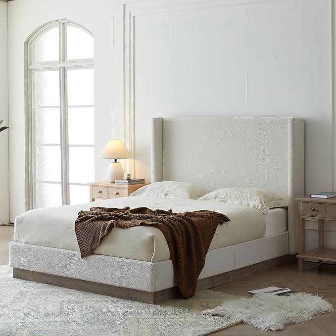 California King Size Upholstered Platform Bed Frame, 52.5" Tall Headboard Hosford Wingback Bedframes, Wood Base Floor Beds, No Box Spring Needed, No Noise, Minimalist, Cream White Boucle