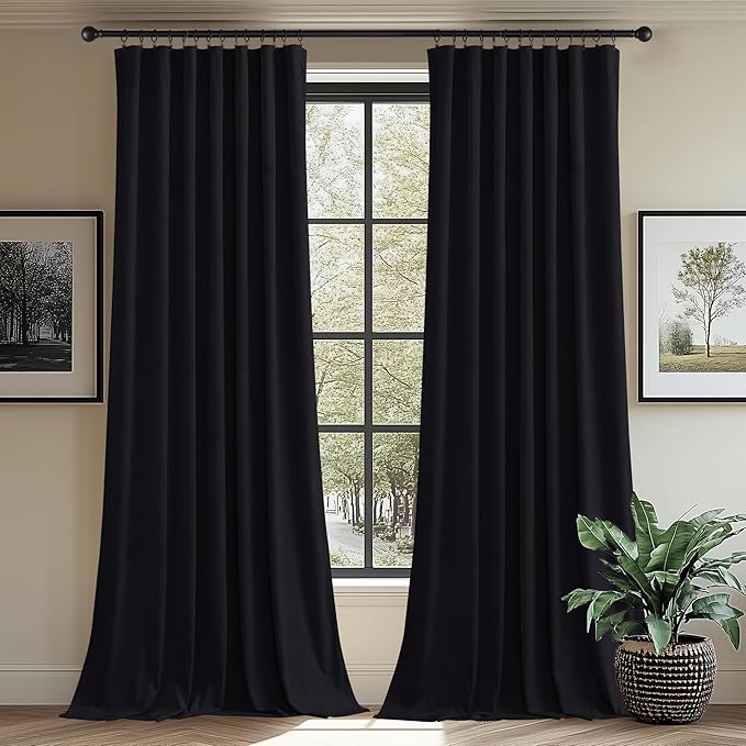 StangH Wide Velvet Curtains for Sliding Door 90 inches Long Blackout Black Thermal Insulated Window Drapes Rod Pocket Light Blocking Covering for Living Room, W62 x L90, 2 Panels