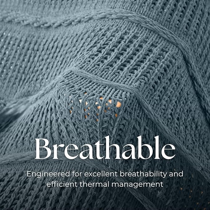 Boho Knitted Chenille Blanket with Tassels - Lightweight & Soft All-Season Throw - 3D Classic Pattern for Living Room Bedroom Couch, Celestial Blue, Queen 90"x90"